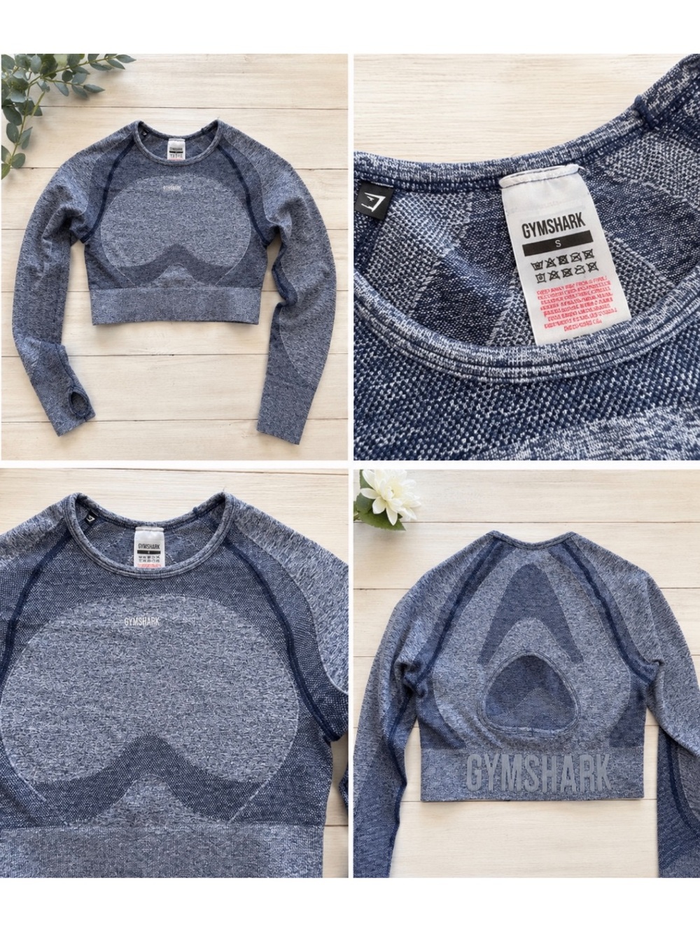 Gymshark Navy Heather Seamless Cropped Long Sleeve Top Size Small